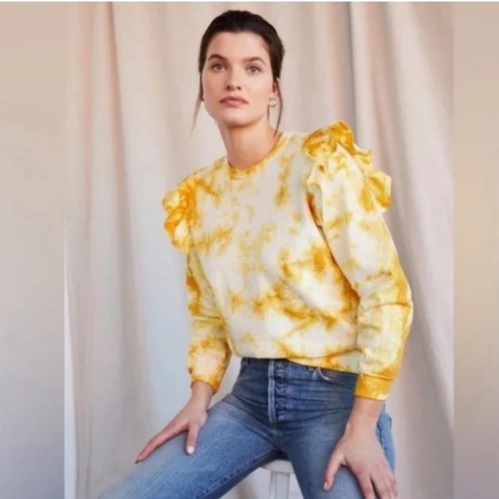 Clare V Yellow Tie-Dye Ruffle Long Sleeve Top Sweatshirt XL